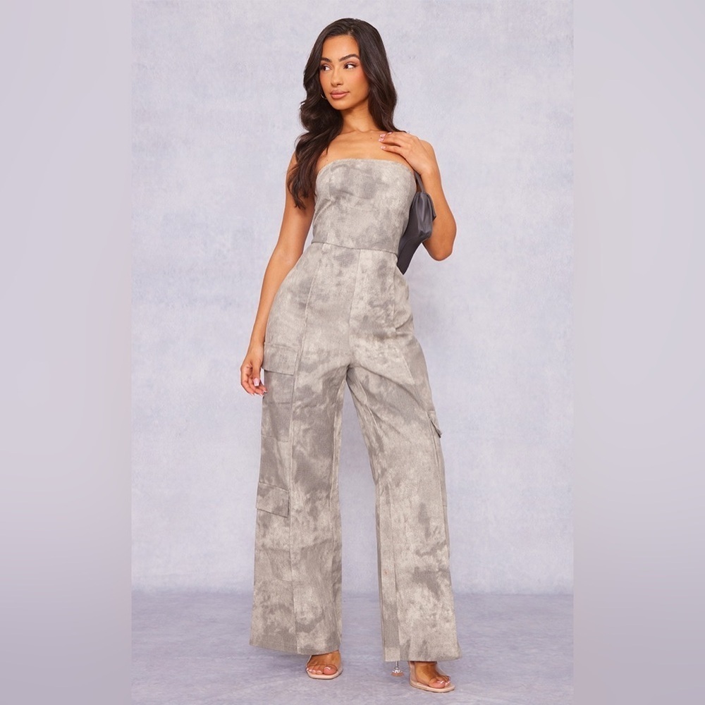 PRETTY LITTLE THING PETITE GREY WASHED CARGO JUMPSUIT SIZE 6